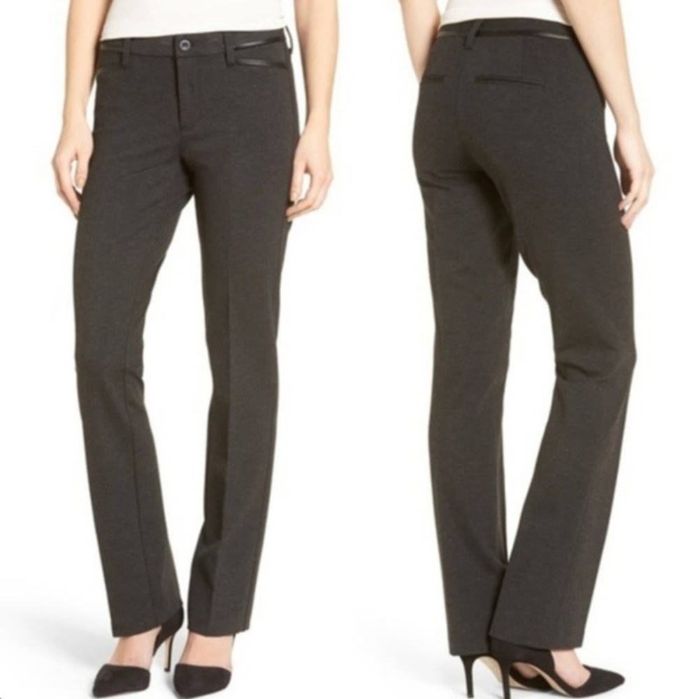 NYDJ Charcoal Grey Faux Leather Accent Ponte Straight Trouser Pants